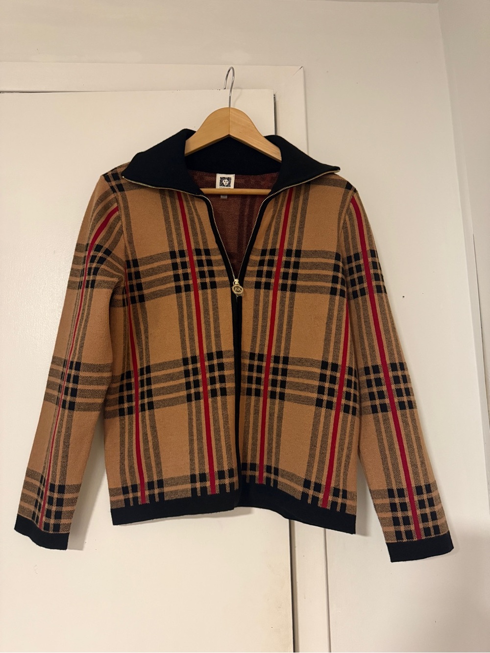 Anne Klein Camel Plaid Zip Jacket with Black & Red Trim